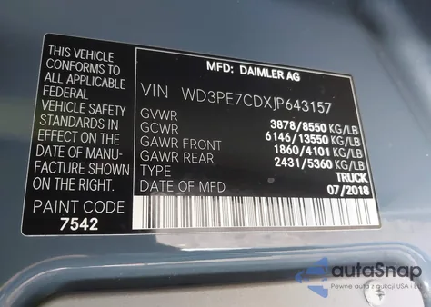 2018 Mercedes-Benz Sprinter 2500 Standard Roof V6 from USA, damaged, VIN WD3PE7CDXJP643157